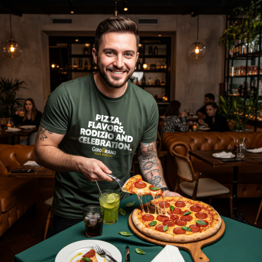 A happy waiter serving a pizza